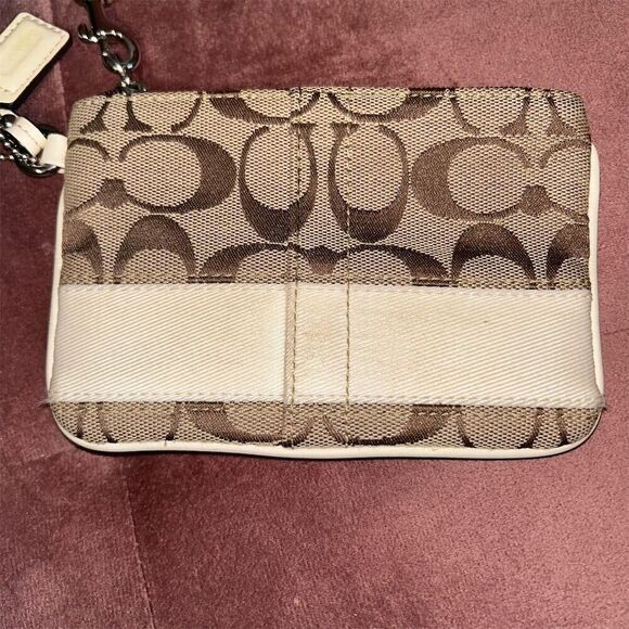 Coach Signature Stripe Wristlet Cream Brown Small Zip Closure Detachable Strap - Picture 2 of 5